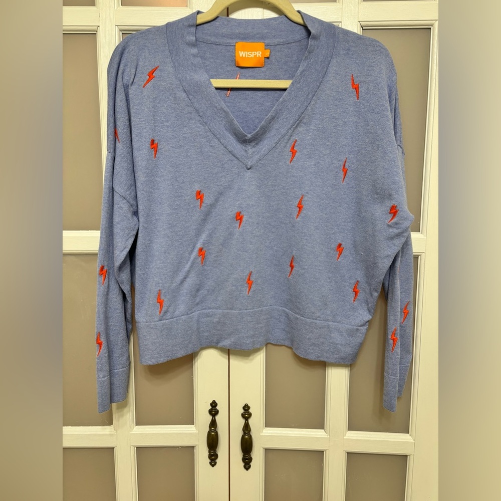 WISPR Lightning Bolt V-Neck Sweater Blue Embroidered Knit Size S
